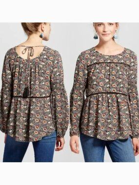 KNOX ROSE Smocked Floral Tie Back Top Black Etc Boho Long Sleeve Peasant Blouse